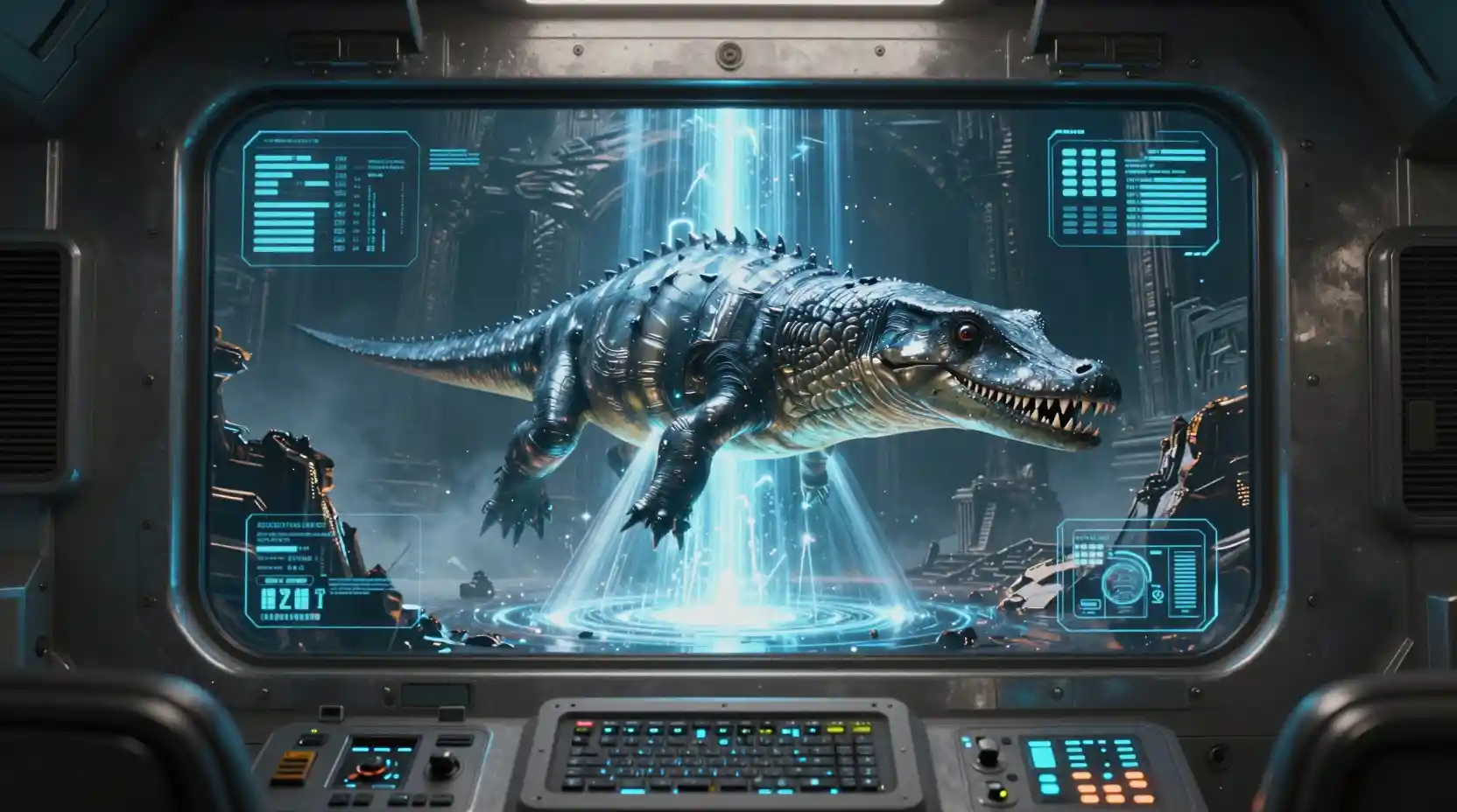 Futuristic armored cockpit with holographic dinosaur display