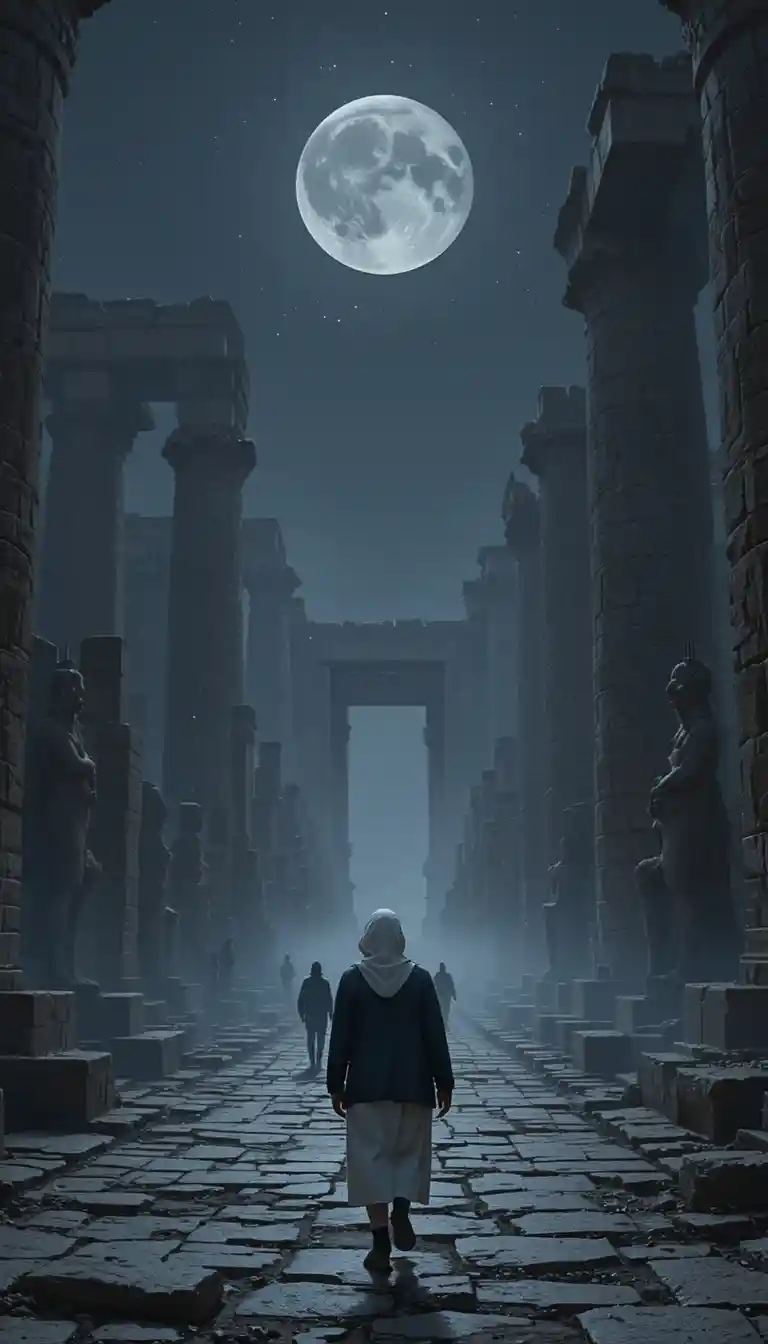Ancient Egypt dwellers walking among looming stone ruins