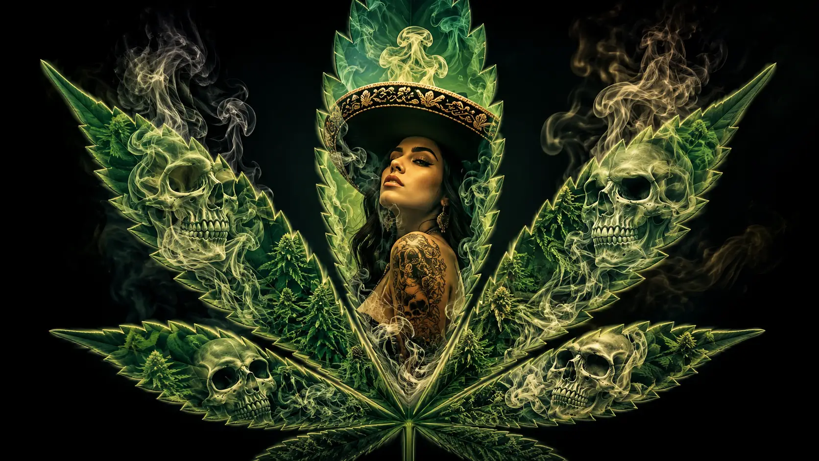 Mulher mexicana dentro de uma grande folha de cannabis com caveiras de fumaça