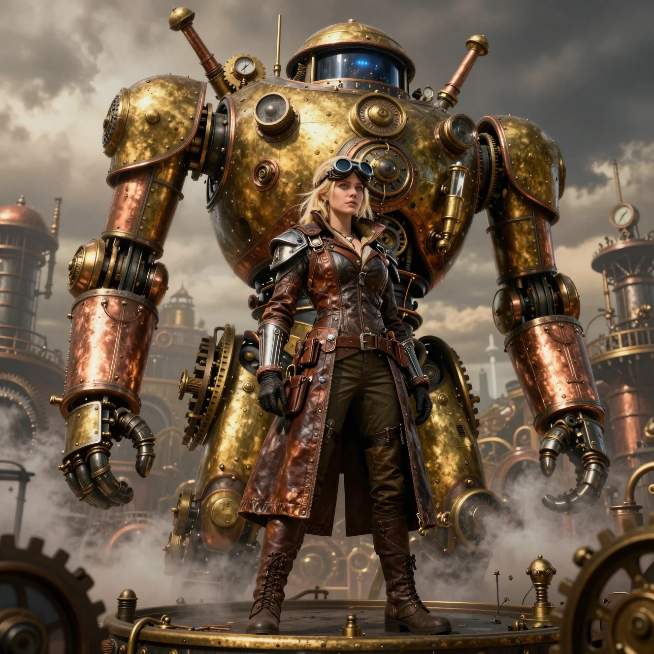 Heroína steampunk ante una imponente máquina de guerra de latón