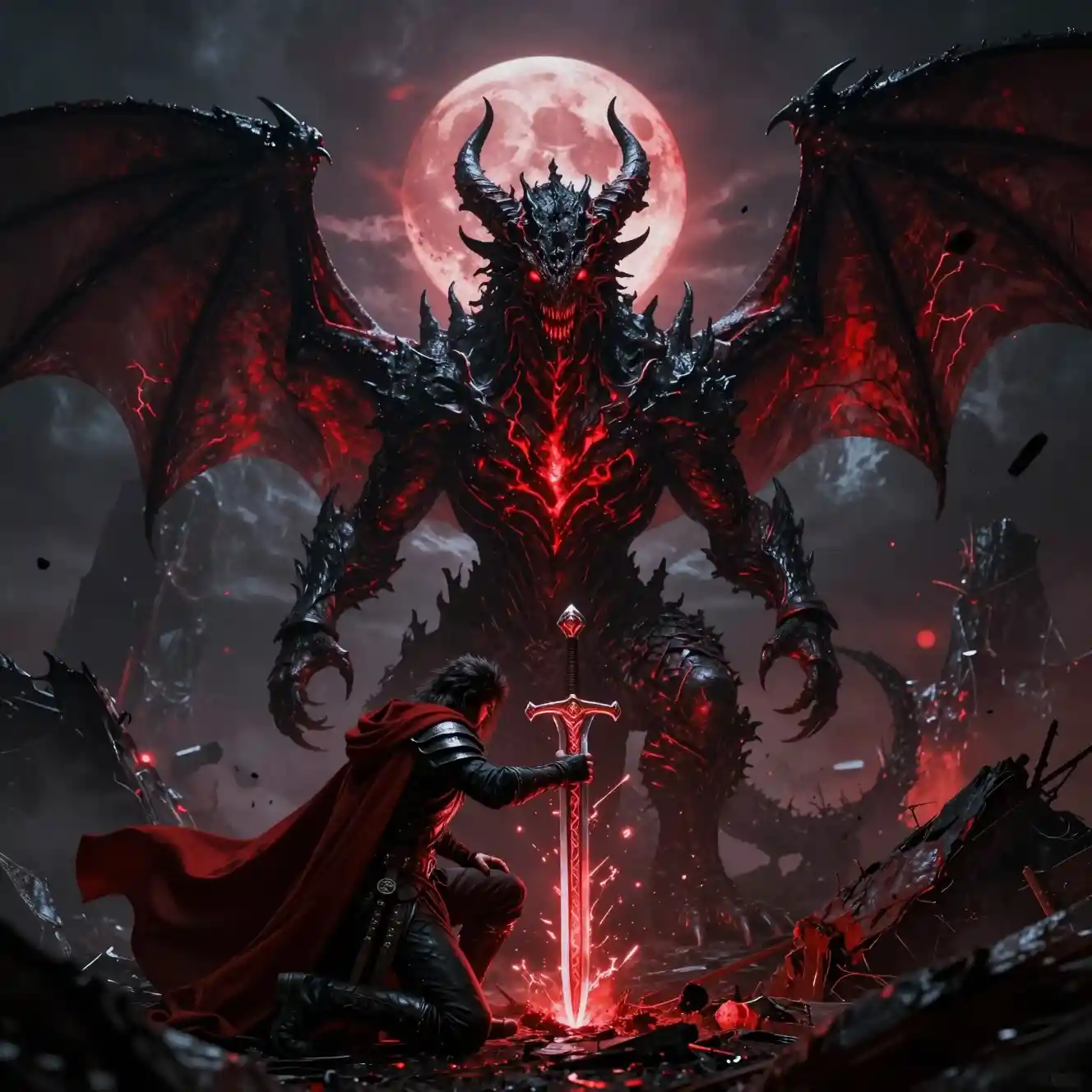 Dragon démoniaque dominant un guerrier à genoux dans des ruines infernales