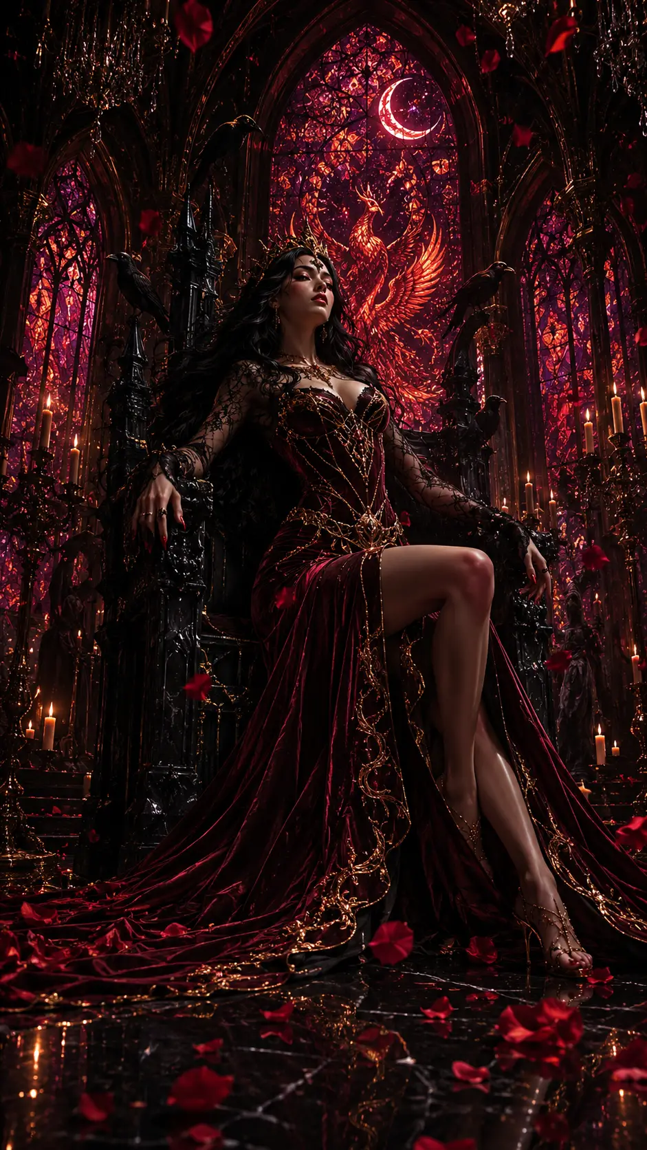 Reine gothique en robe de velours sur un trône d’obsidienne