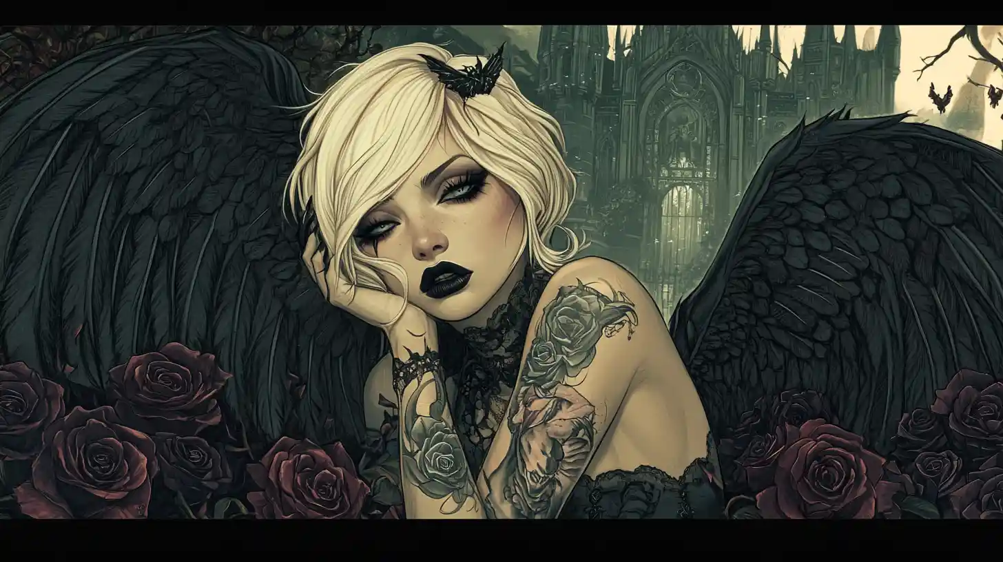 Goth angel with black wings resting in dark rose garden