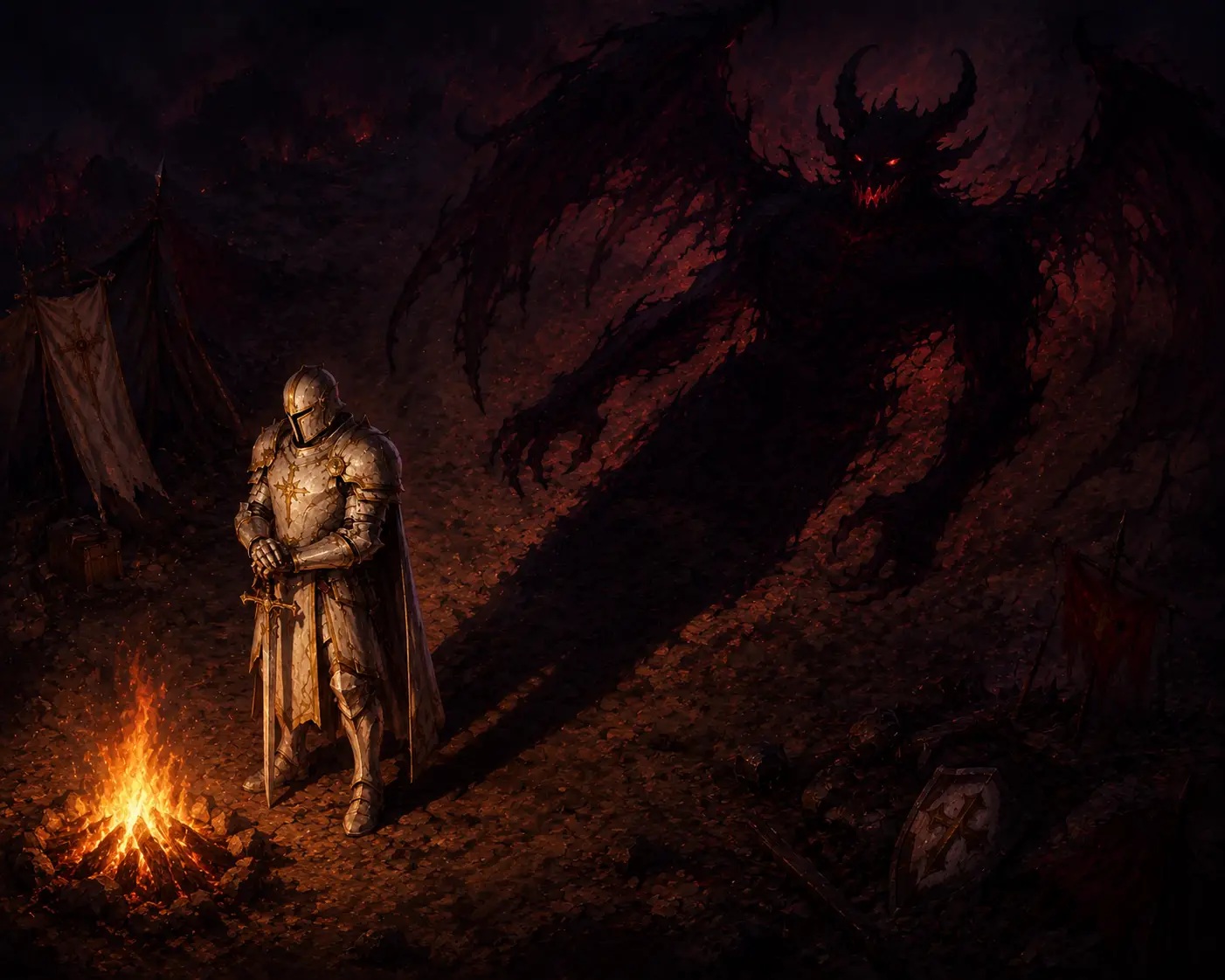 White armored paladin casting a demonic shadow by fire