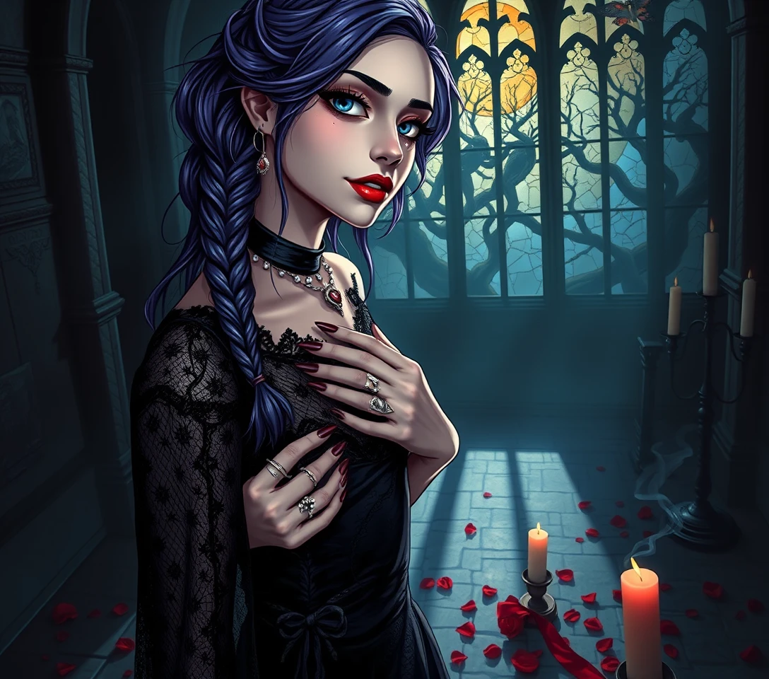Gothic-Frau im zerrissenen Spitzenkleid in dunkler Kathedrale