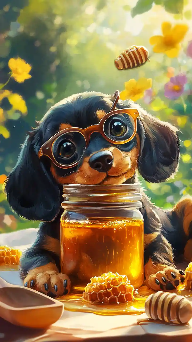 Cute dachshund puppy with glasses resting beside honey jar