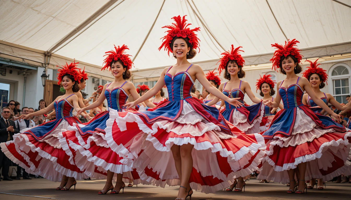 Bailarinas de cancán actuando en un escenario al aire libre a la luz del día
