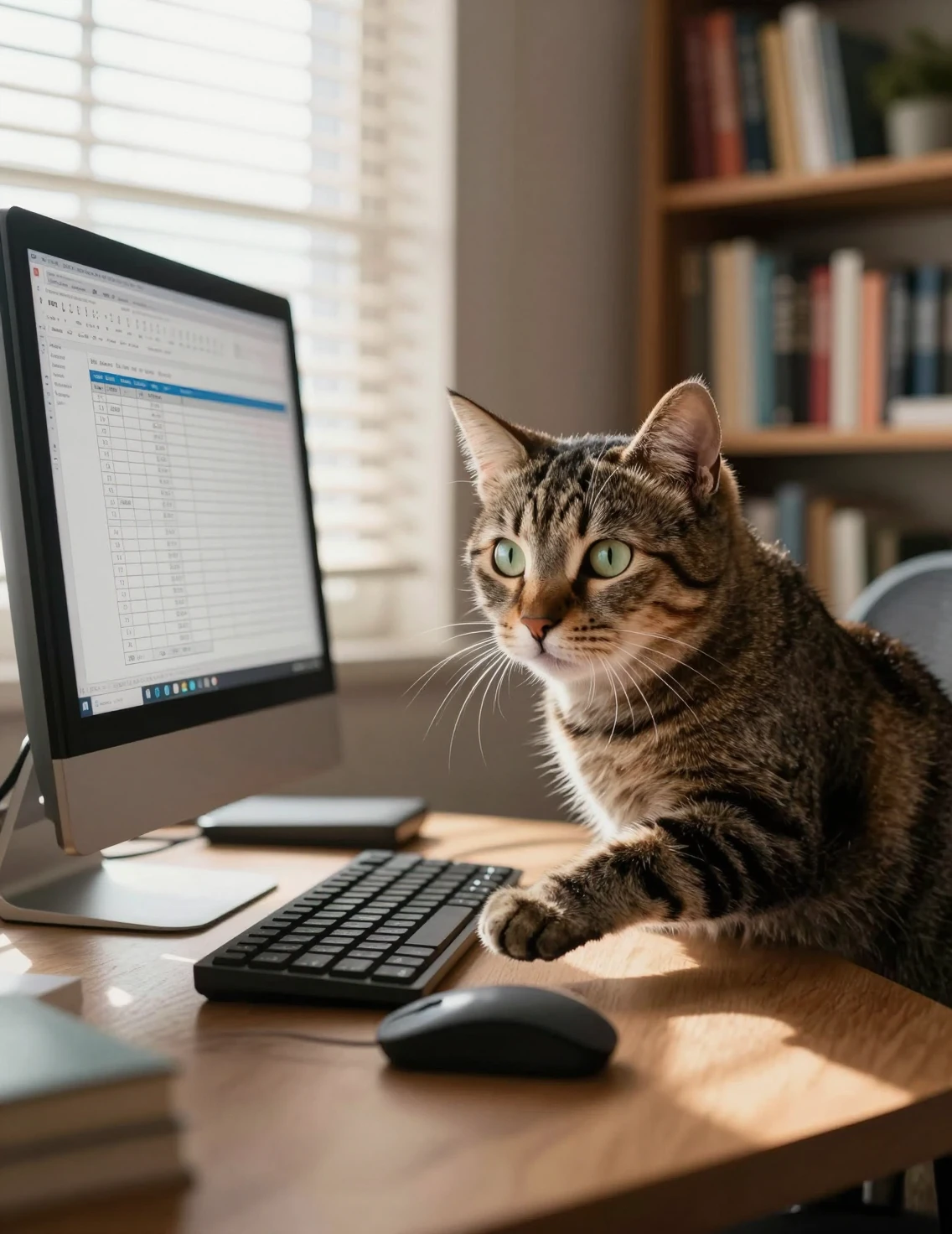 Gato curioso asomándose por detrás de un monitor en un despacho en casa