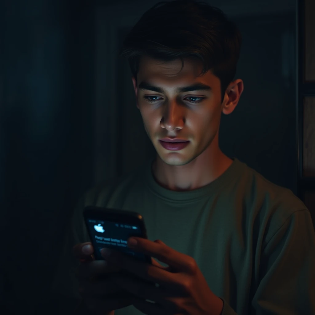 Joven leyendo un inquietante mensaje de celular a medianoche