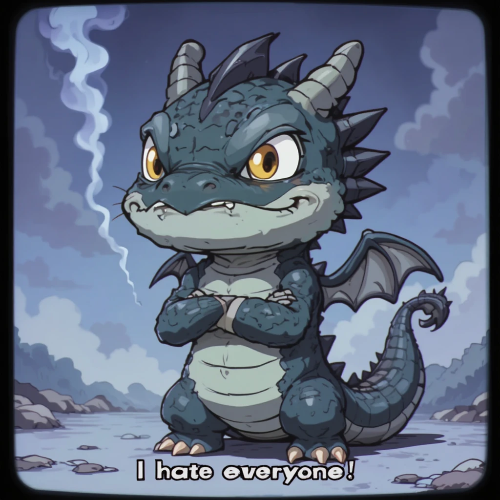 Cute chibi dragon mascot with grumpy puffed cheeks