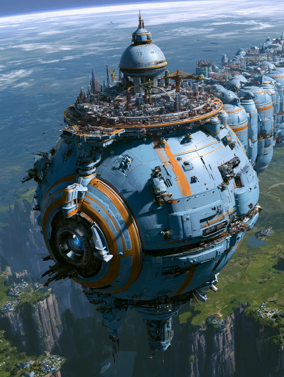 Gigantic cargo spaceship city approaching a verdant planet