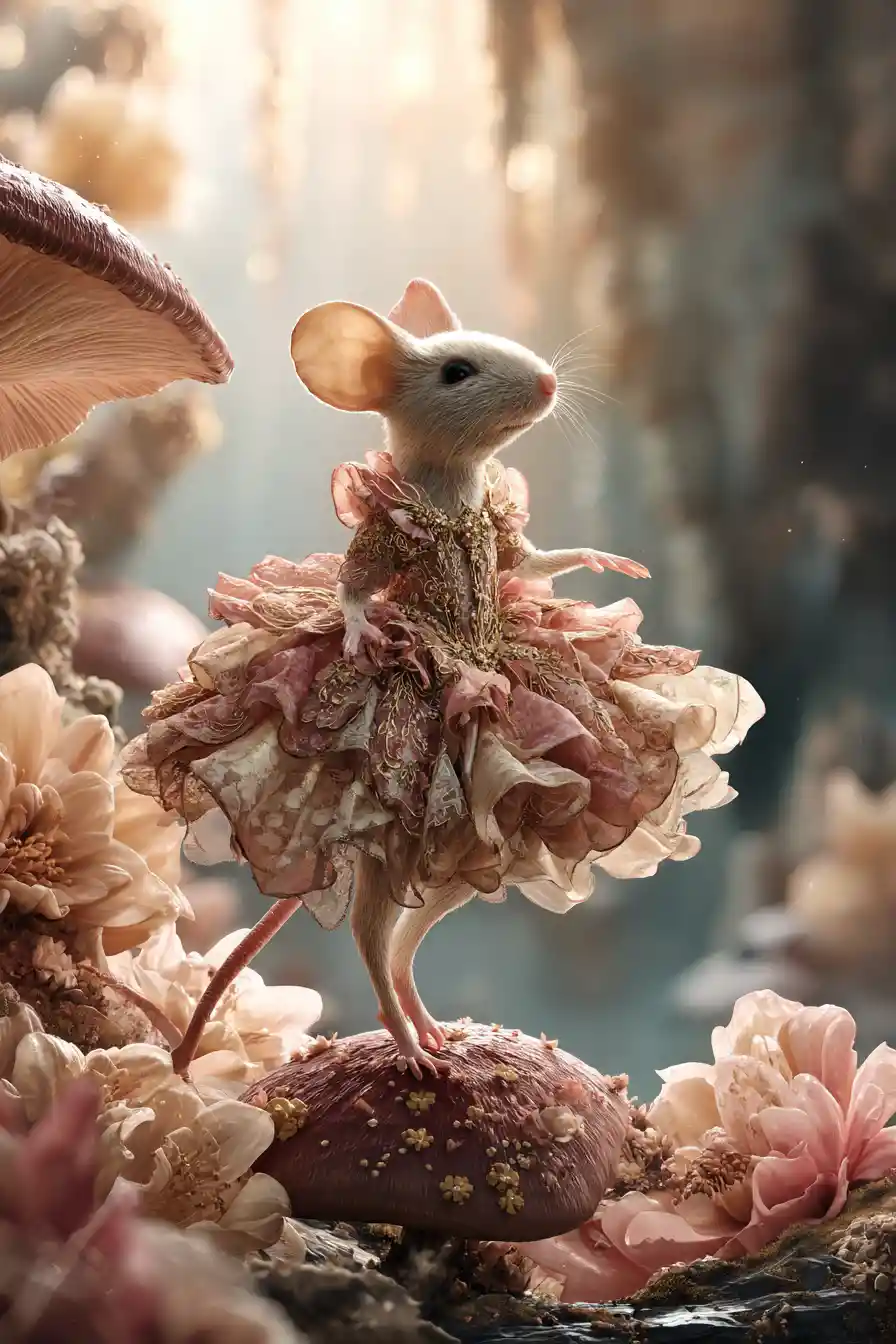 Tiny couture mouse posing on a dewy mushroom at dusk