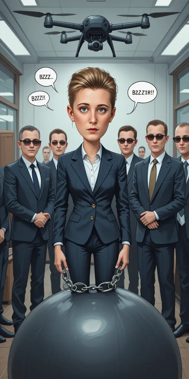 Caricatura di donna incatenata sorvegliata da guardie al chiuso