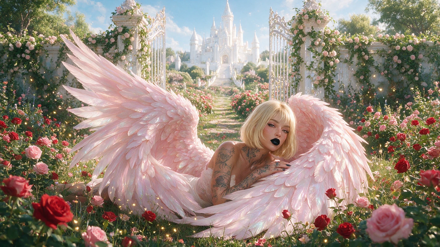 Mulher angelical alada descansando em um jardim de rosas