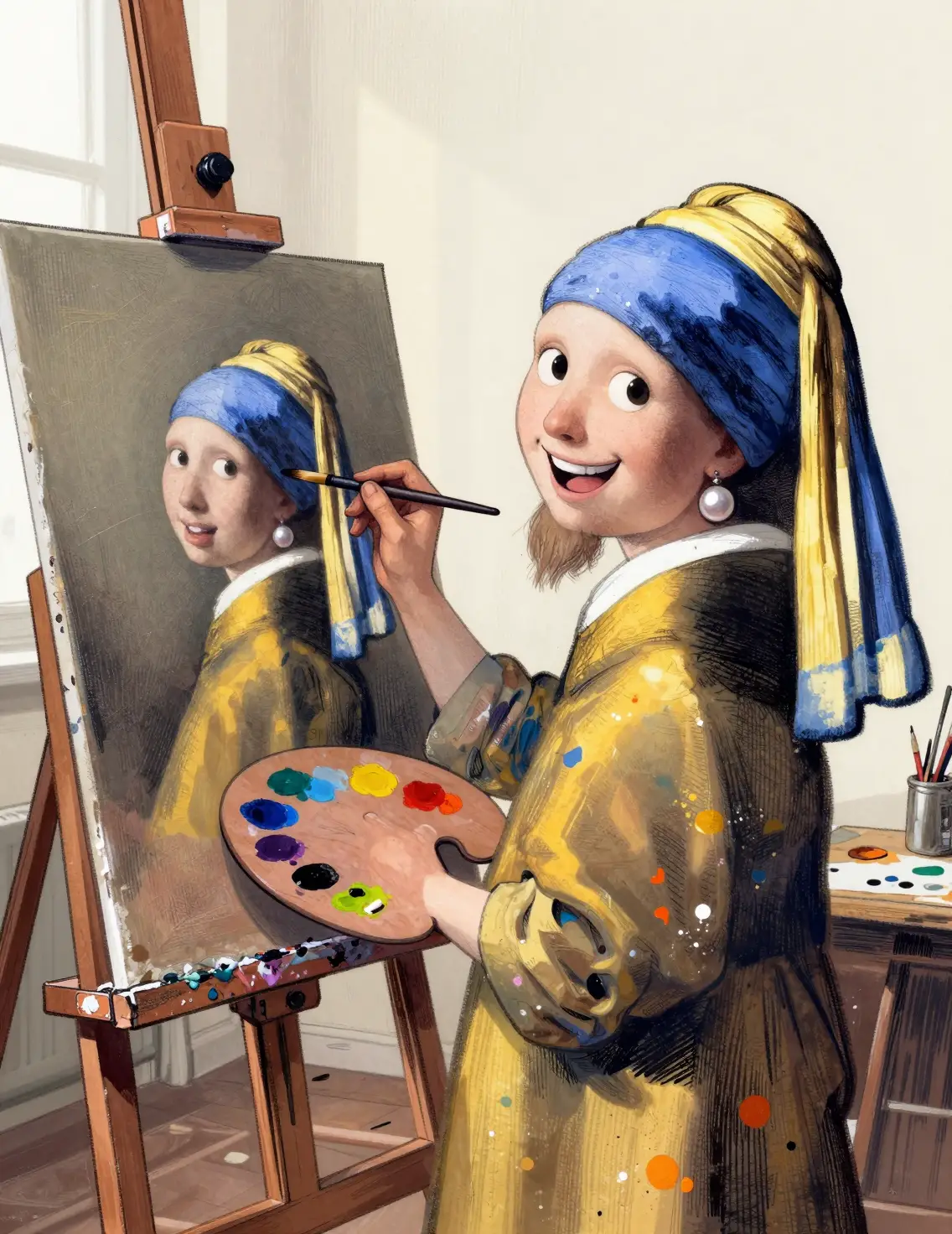 Cheerful painter at easel in sunny comic style studio