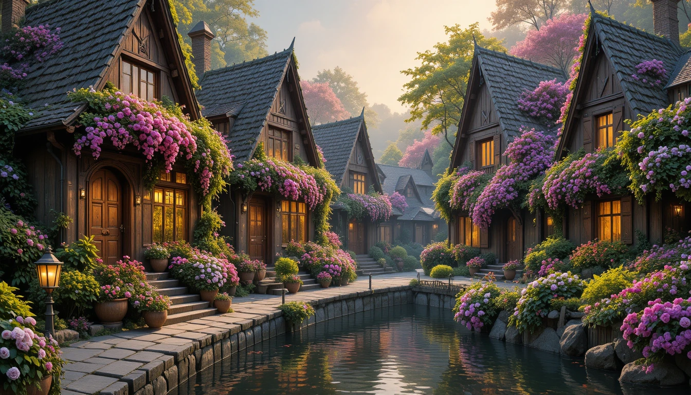 Encantadoras cabañas cubiertas de flores junto a una orilla tranquila