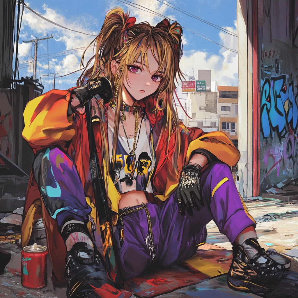 Anime girl graffiti artist on colorful city street