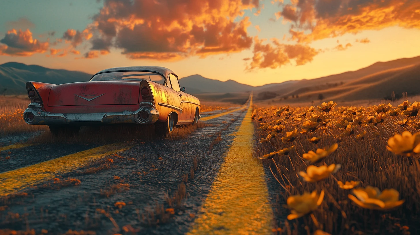 Carretera solitaria al atardecer que se convierte en flores silvestres doradas