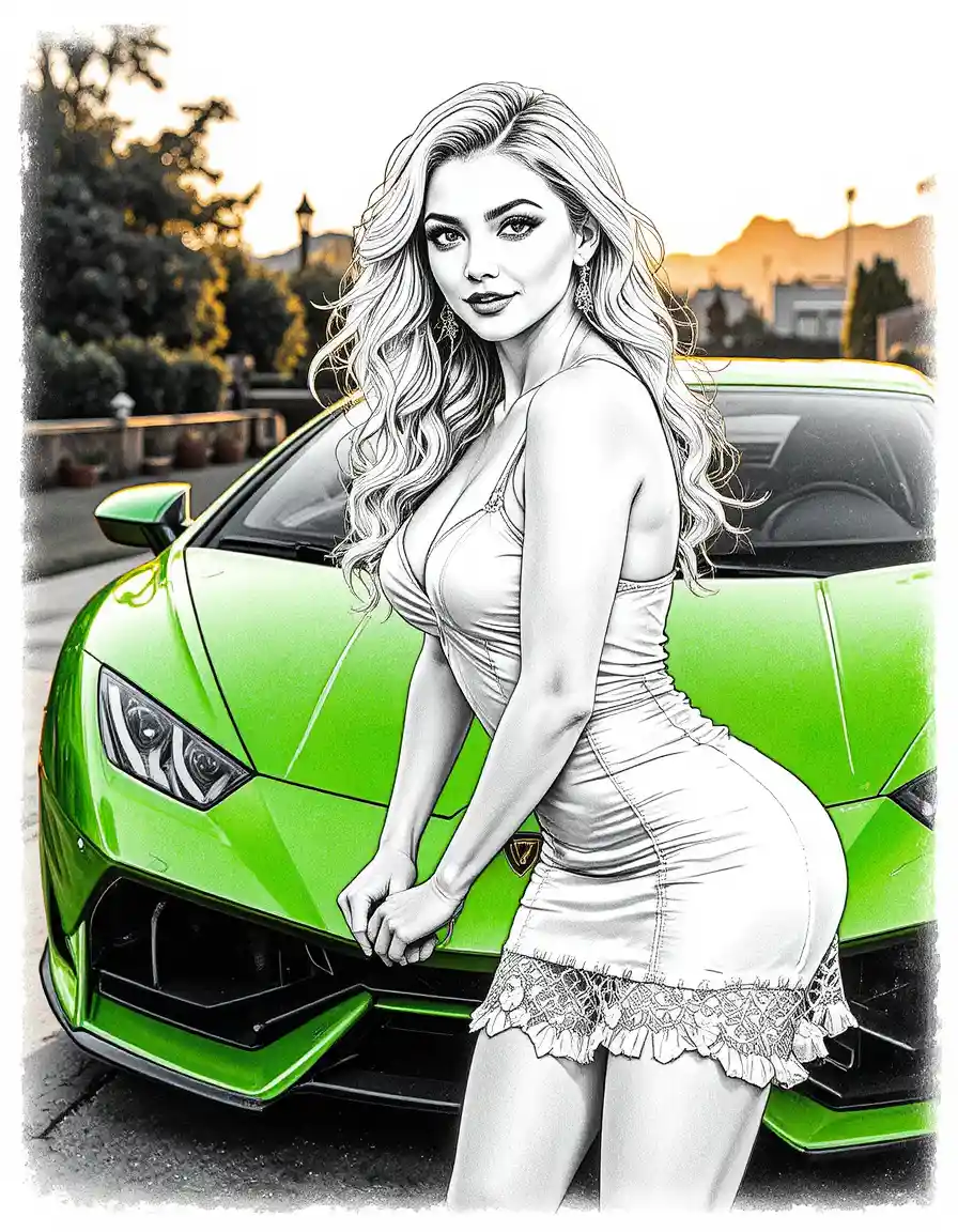 Blonde woman in white silk dress by green sports car