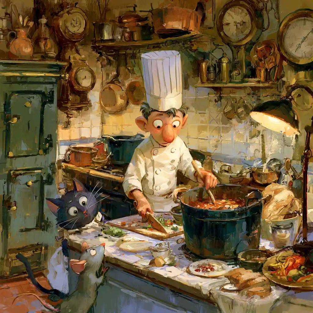 Cocinero fantasioso cocinando con un gato y un ratón en la cocina