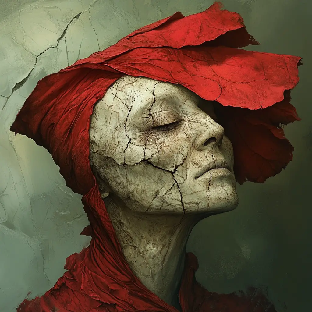 Golem malinconico con berretto invernale rosso e dolce sorriso