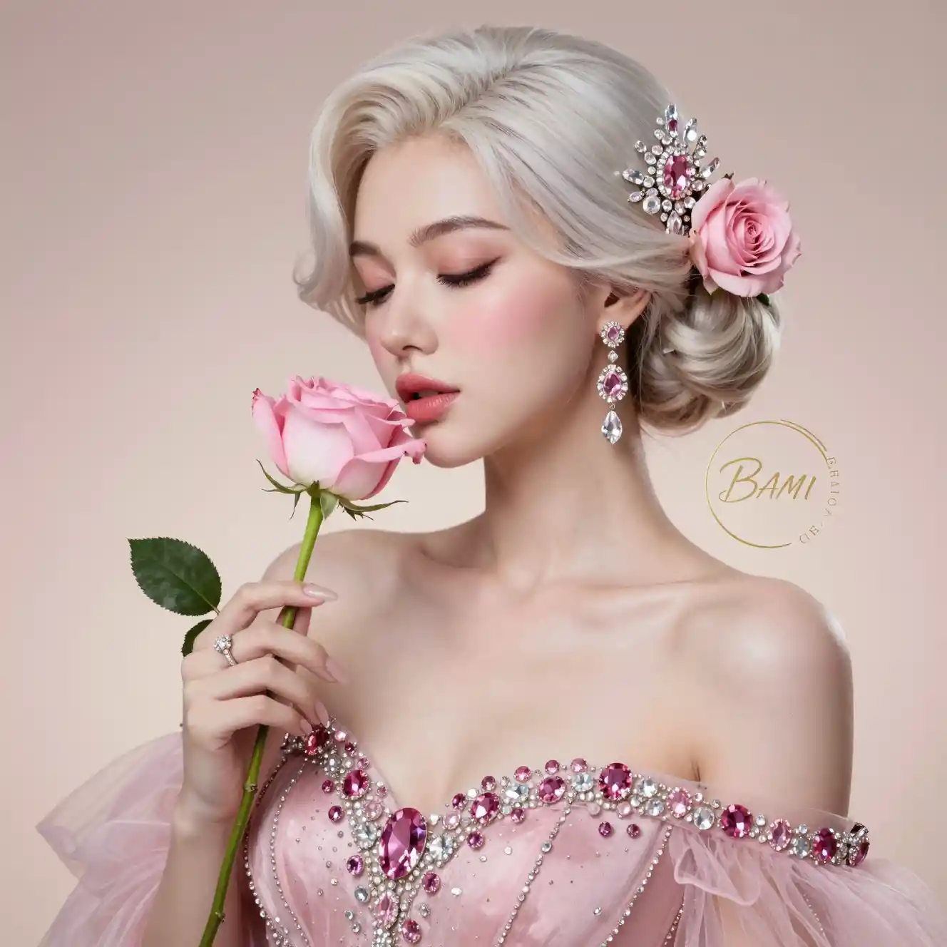 Elegante Frau mit Kristallschmuck und rosa Rose – Porträt