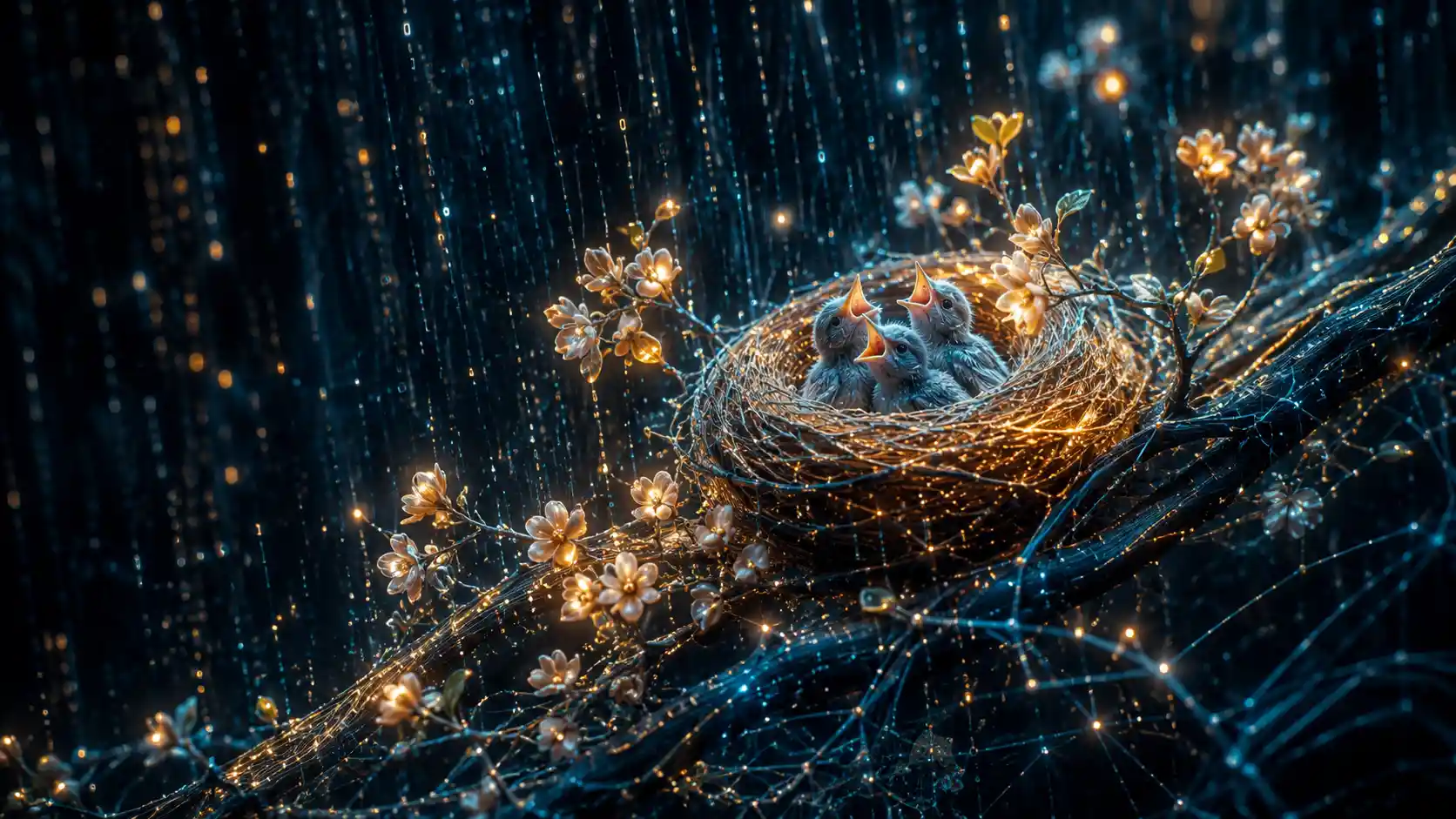 Bird nest cradled in a luminous digital spring landscape