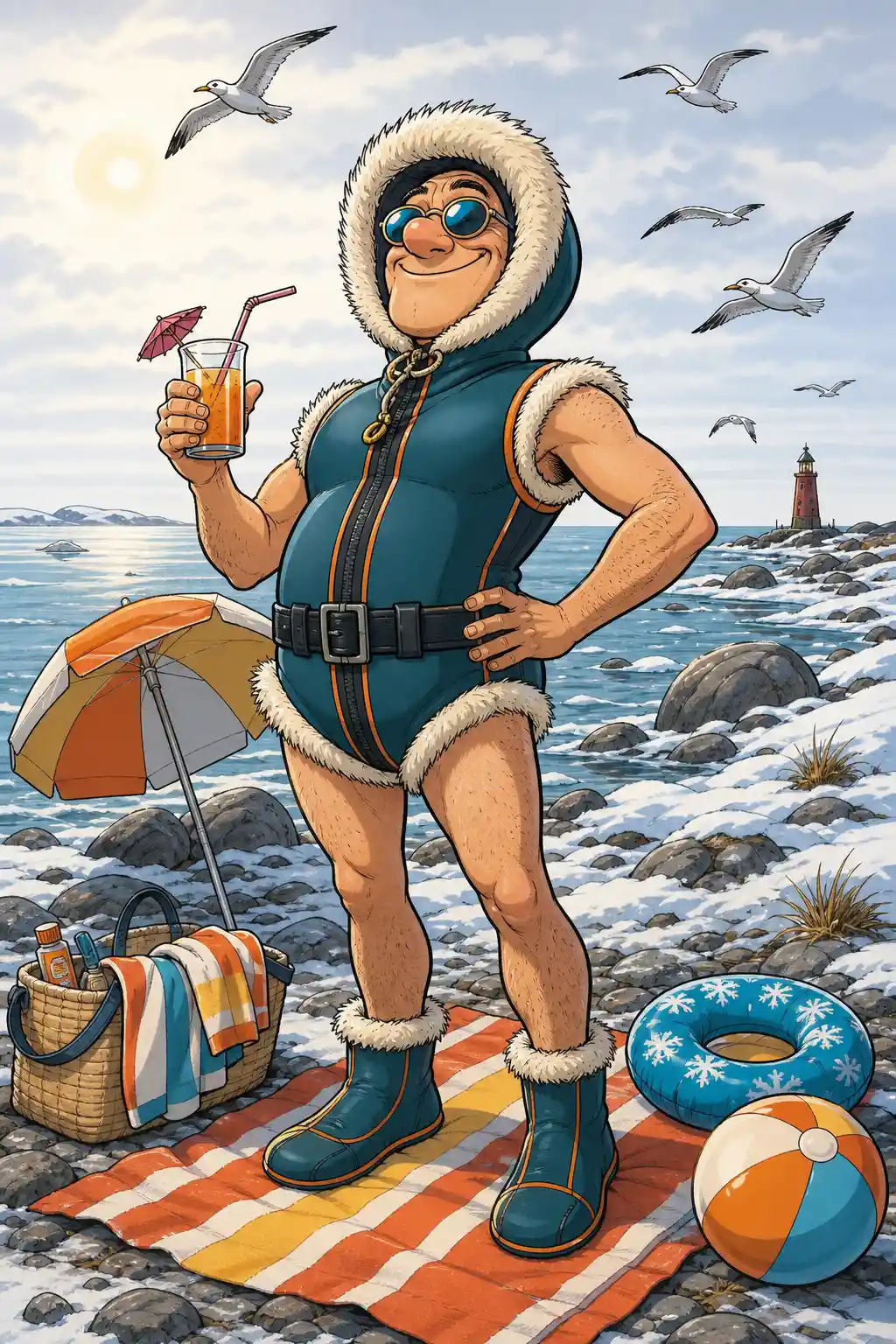 Mujer en dibujo animado tomando el sol en la playa en ilustración de cómic