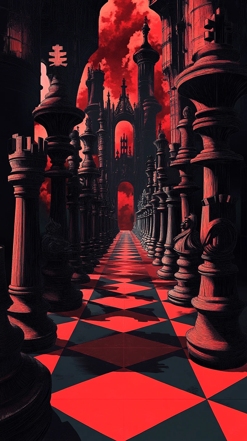 Castillo Surrealista de Piezas de Ajedrez en Perspectiva Infinita y Retorcida
