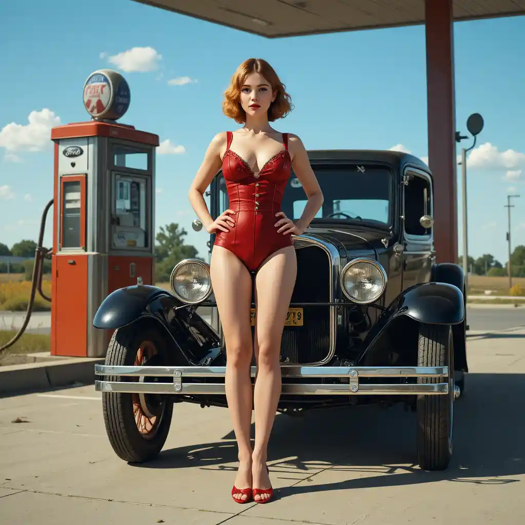 Mujer pin-up vintage posando en gasolinera junto a coche clásico