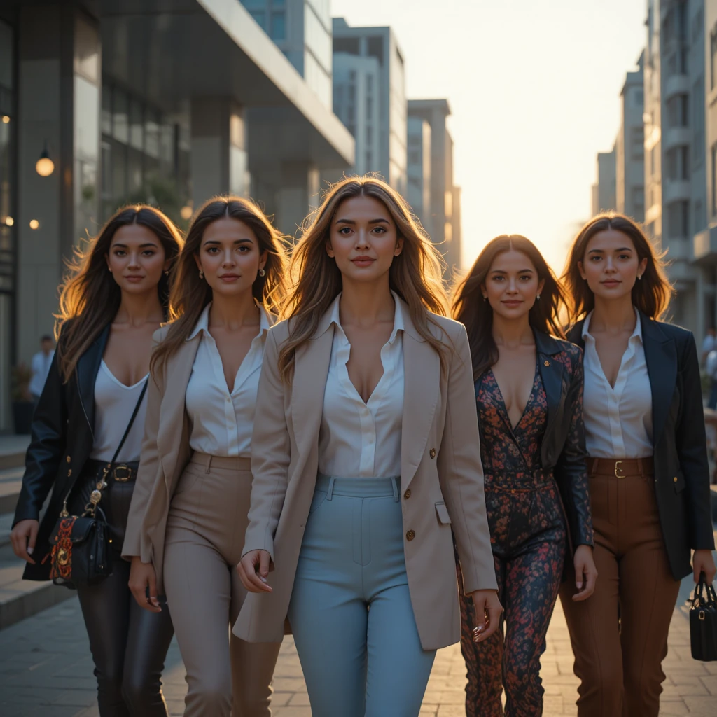 Mujeres diversas caminando juntas en una ciudad moderna al atardecer
