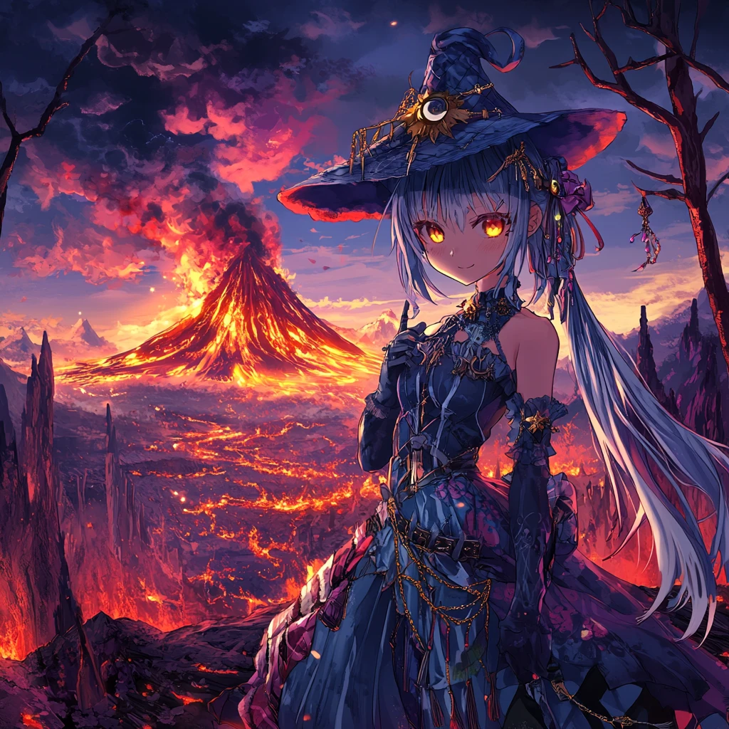Chica de anime frente a un volcán lejano en erupción por la noche