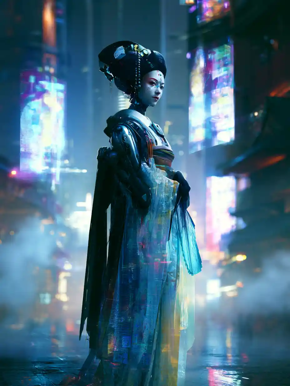 Geisha futurista en ciudad cyberpunk de neón por la noche