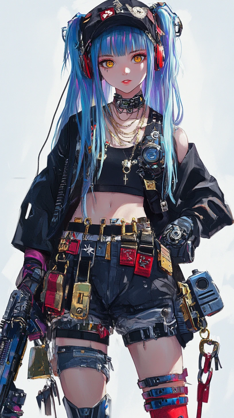Chica de anime de pelo azul con cinturones y manos vendadas