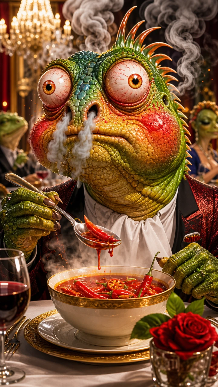 Iguana de caricatura luchando con sopa picante en un restaurante elegante