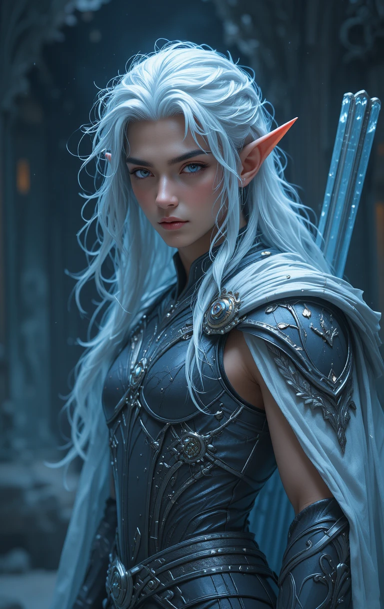 Semidiós arquero de anime con cabello blanco y ojos violetas