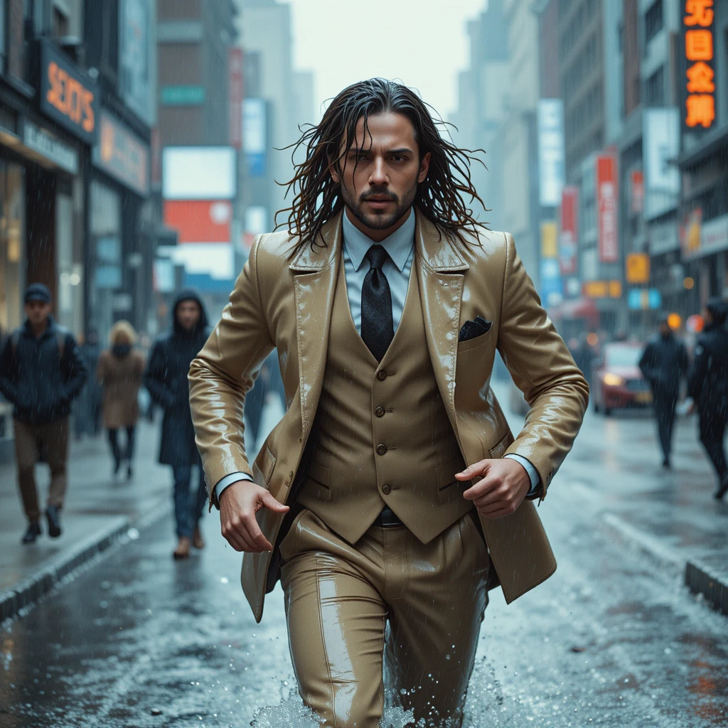 Hombre corriendo bajo una fuerte lluvia en la ciudad con traje de cuero beige