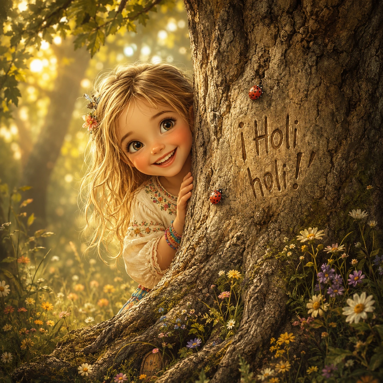 Niña rubia asomándose desde un viejo roble bajo la cálida luz del bosque