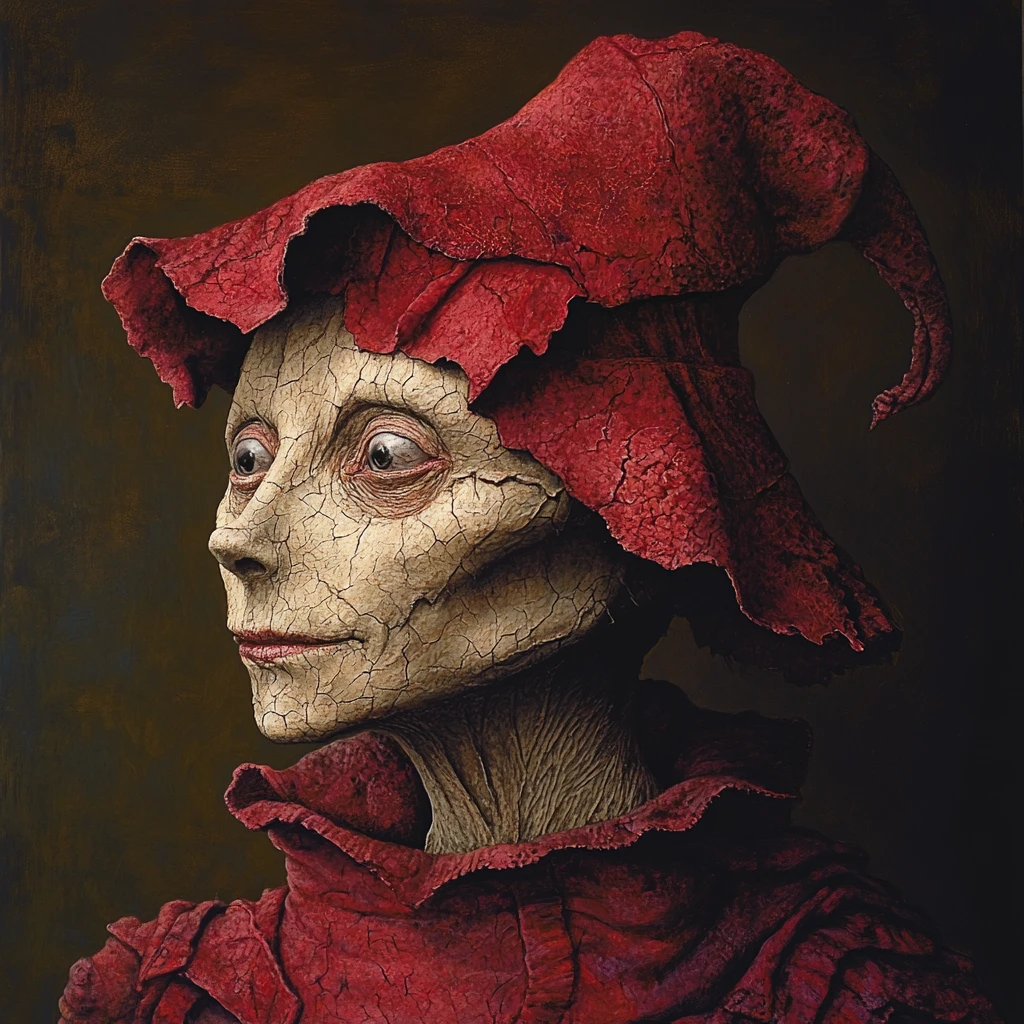 Melancholic golem in a red childlike winter hat