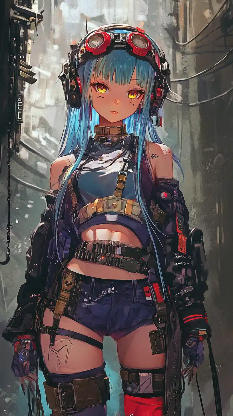 Blue haired anime girl with belts and bandaged hands