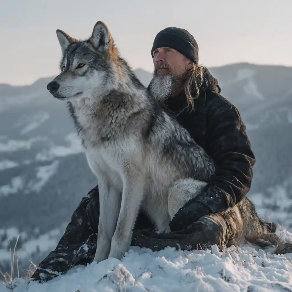 Hombre sentado con un lobo en una cresta de montaña nevada
