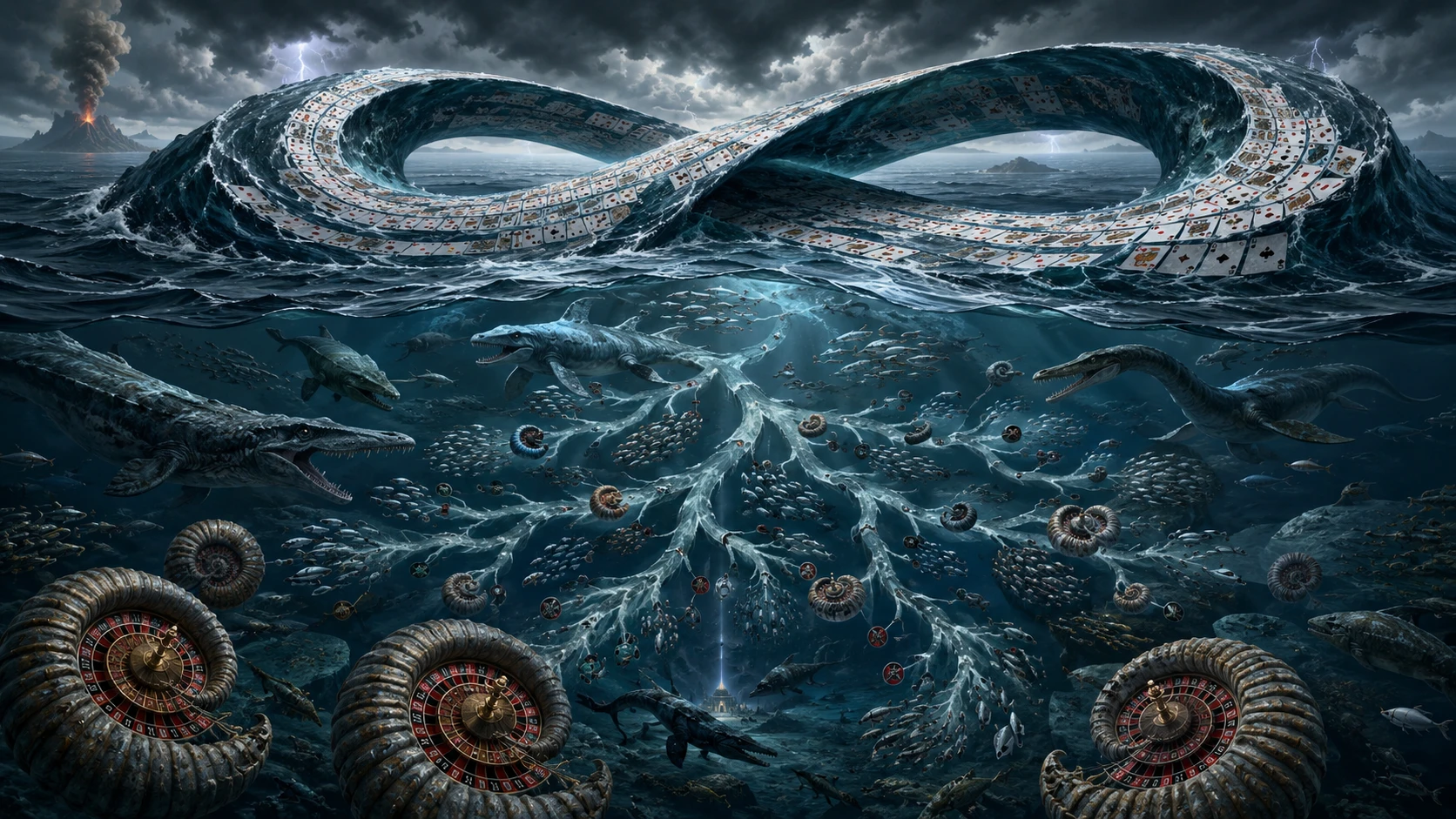 Reptiles marinos prehistóricos cazando en un océano tormentoso y surrealista