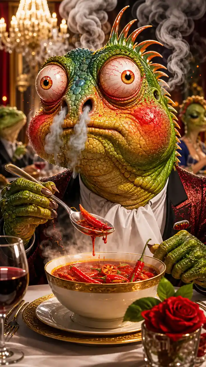 Iguana de caricatura luchando con sopa picante en un restaurante elegante