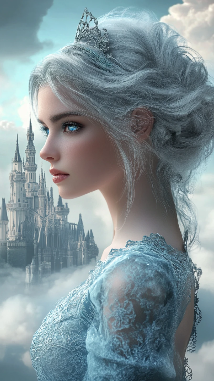 Chica de cabello plateado con vestido azul frente a castillo flotante de fantasía
