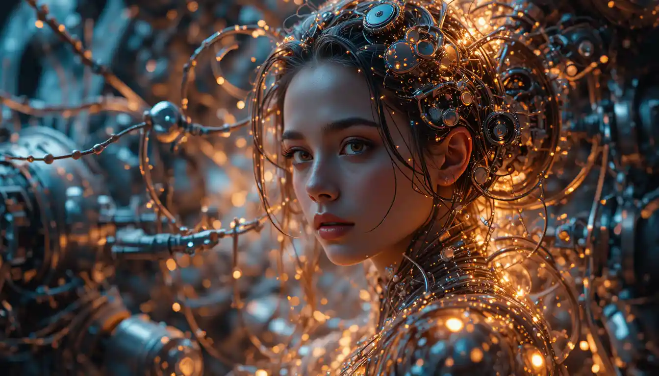 Futuristic woman fused with glowing mechanical machinery