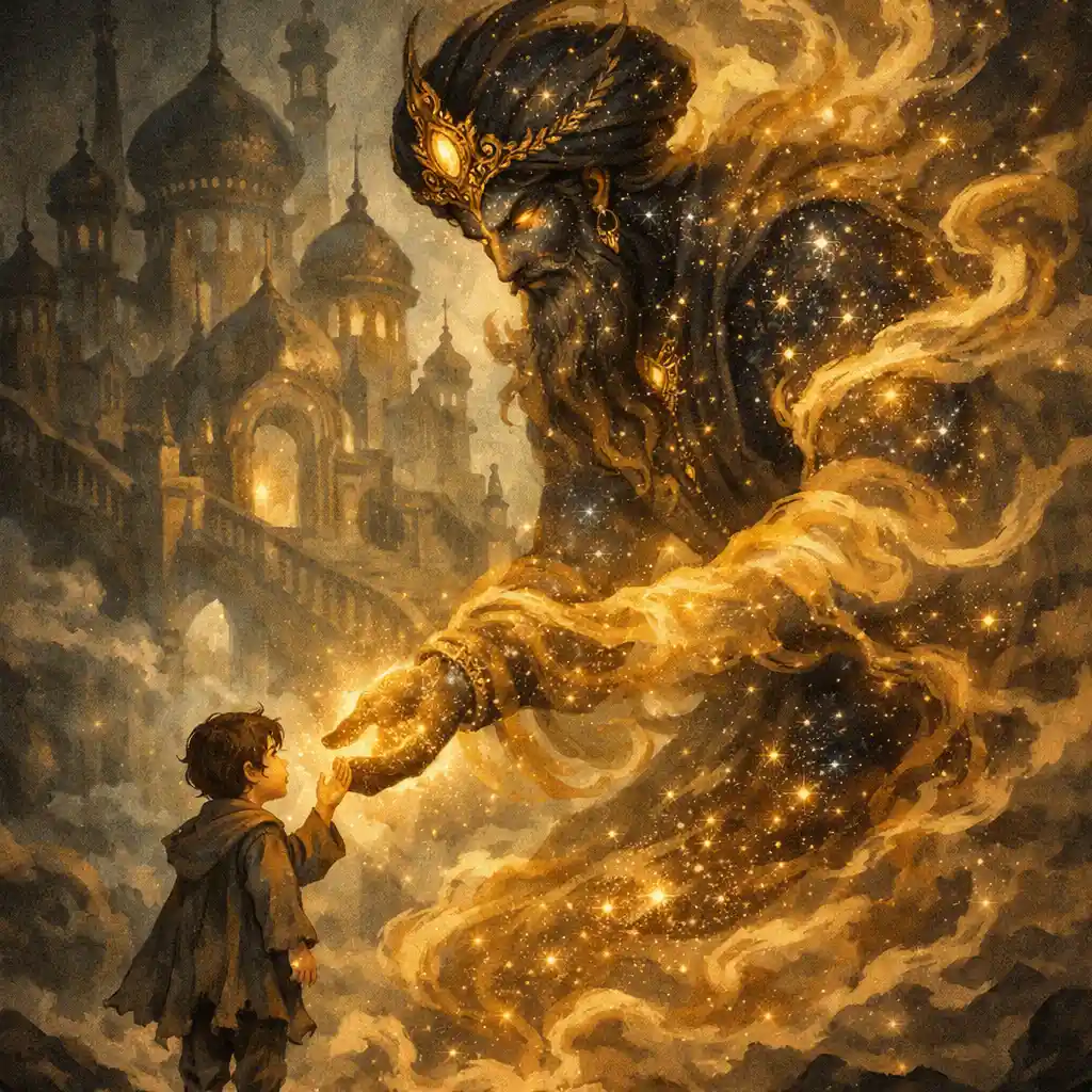 Stardust Djinn King Greeting A Young Dream Traveler