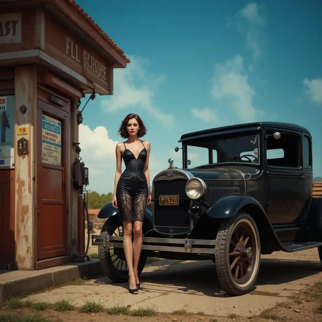 Chica pin-up vintage en gasolinera junto a coche clásico