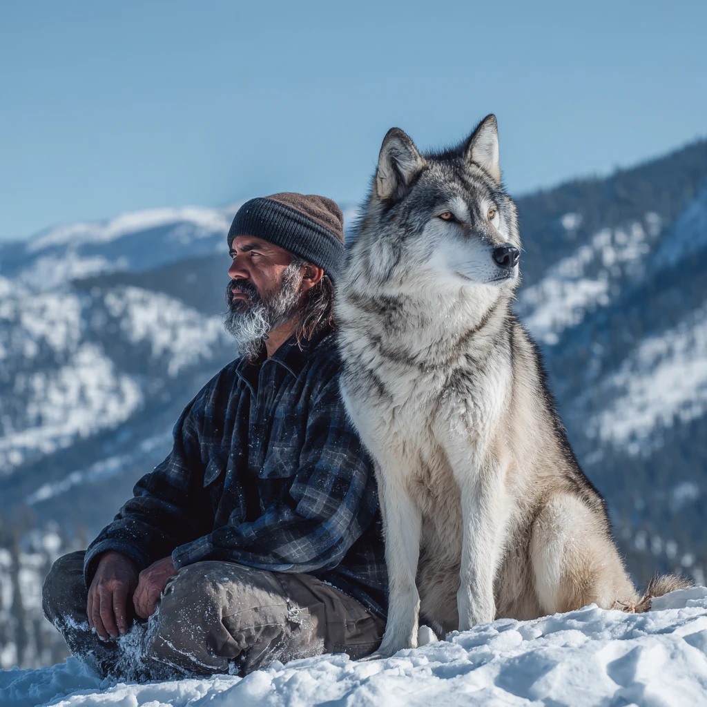 Hombre sentado en una cresta nevada junto a un majestuoso lobo