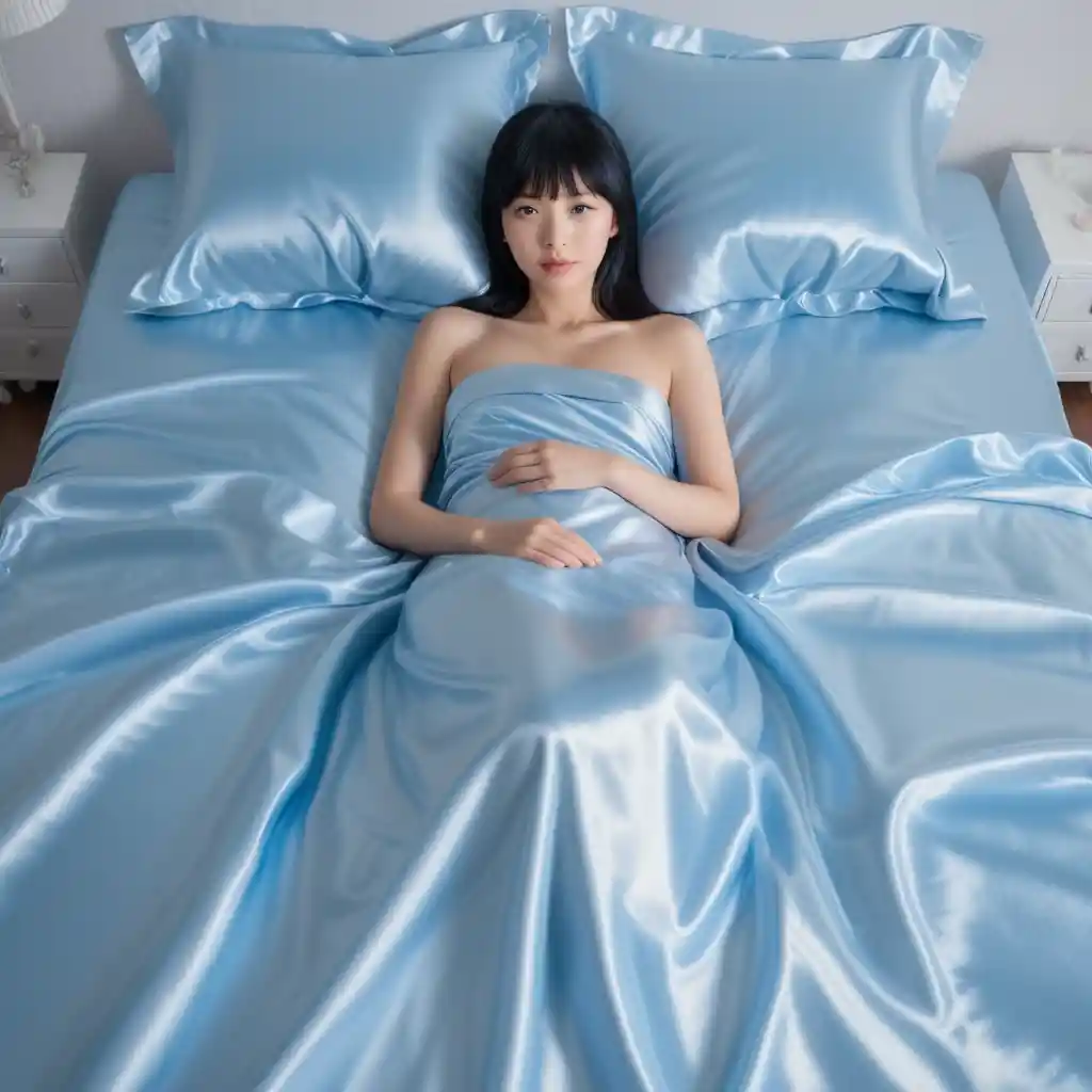 Japanische Frau auf glänzenden babyblauen Satintüchern liegend