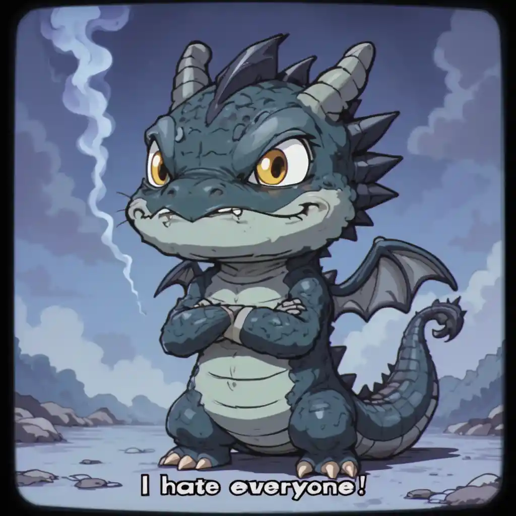 Cute chibi dragon mascot with grumpy puffed cheeks